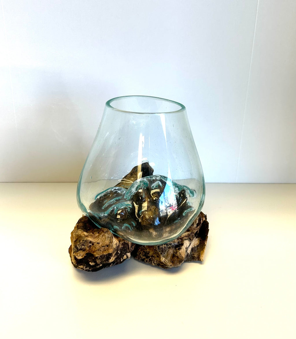 Decorate Glass Bowl with Teak Base - Lighten Up Shop